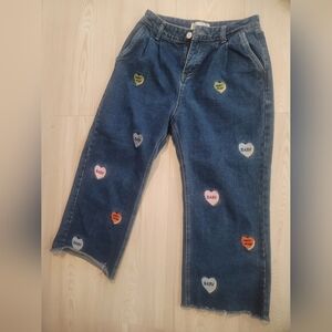 Trendy Blue Cropped Jeans with Colorful Hearts